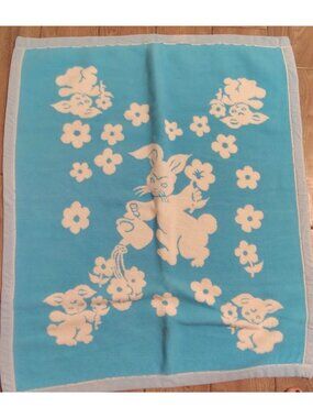 Vintage Baby Crib Blanket, Rabbit Watering Flower White Blue Reversible Kitsch